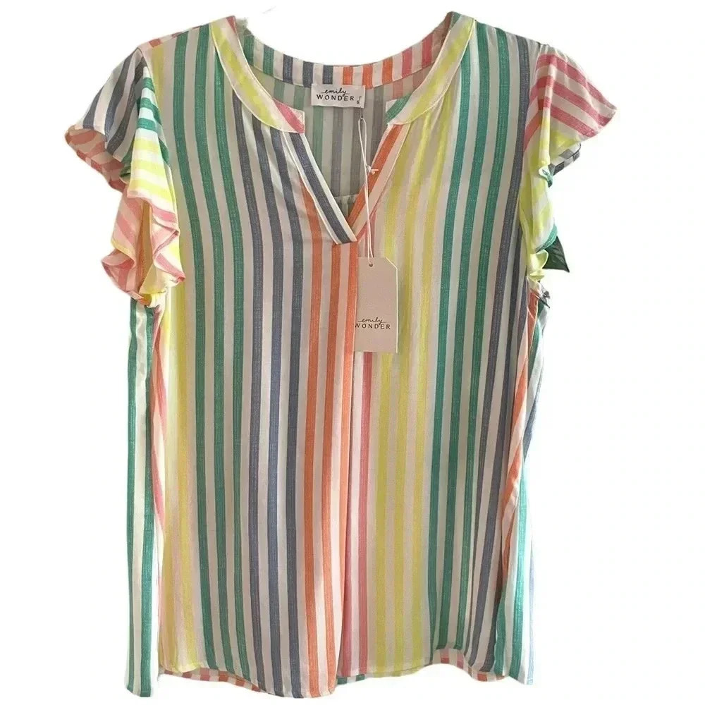 Vertical Stripe Multicolored Ruffle Blouse